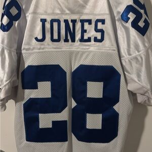 White Football Jersey with Blue 'Jones' and Number 28